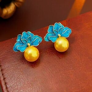 Vibrant Blue and Gold Floral Earrings